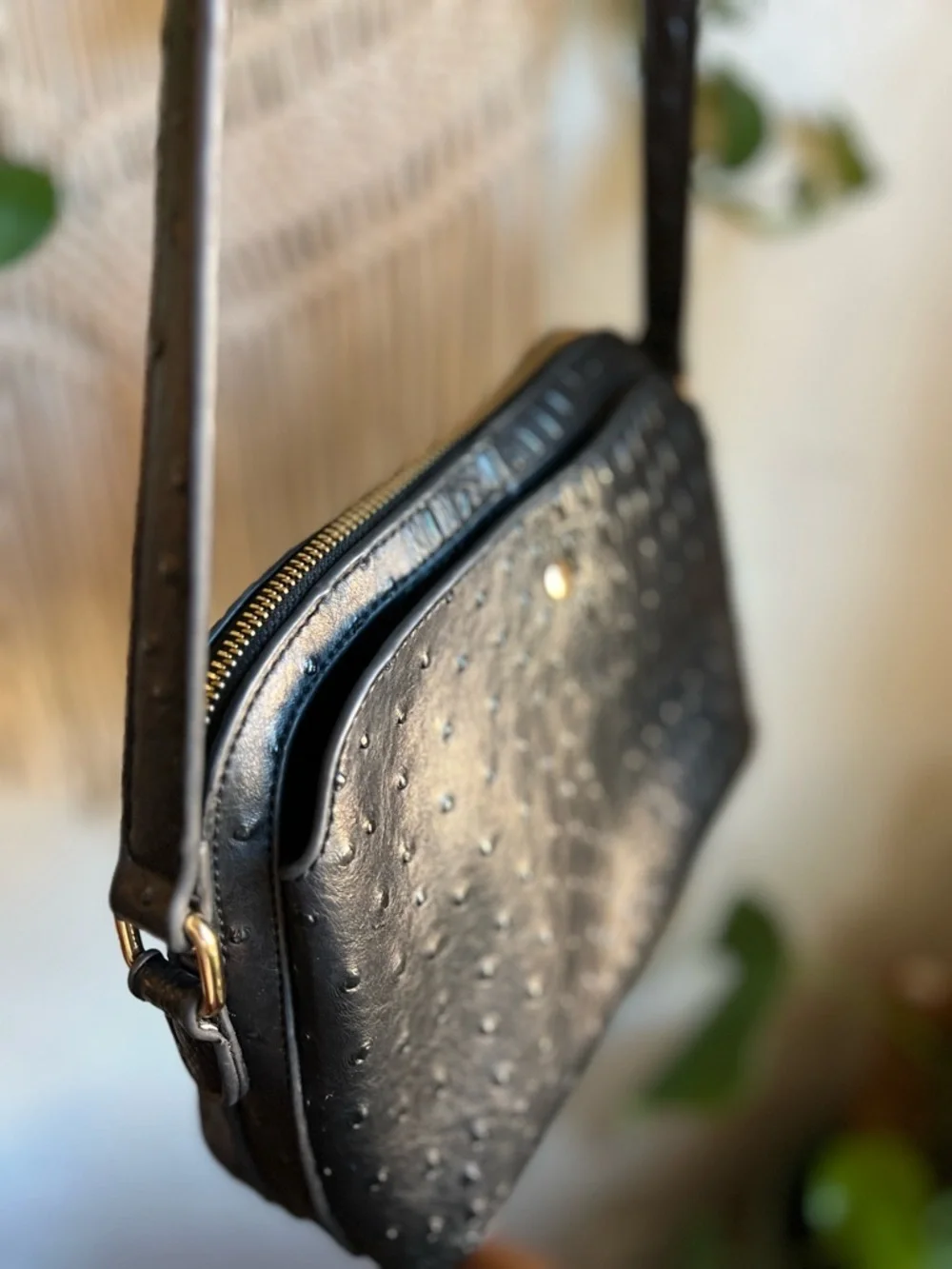 Vintage Black Embossed Leather Croc Ostrich Crossbody Bag Gold Hardware 90s